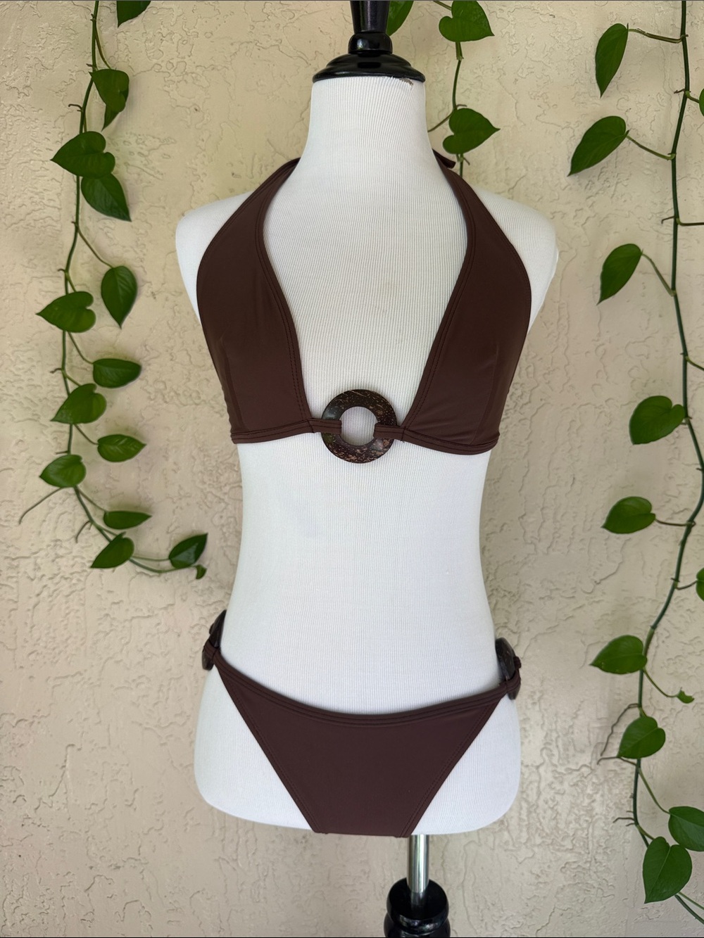 Deep Chocolate Halter Bikini with Center Ring Accent